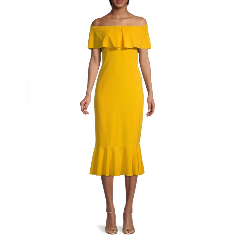 bebe_Strapless Yellow Ruffle-Hem Midi Dress_Medium